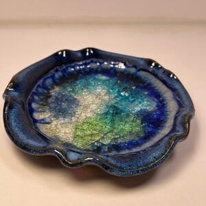 Handmade Ceramic Trinket Dish Blue Green Sea Glass Effect Small Tray